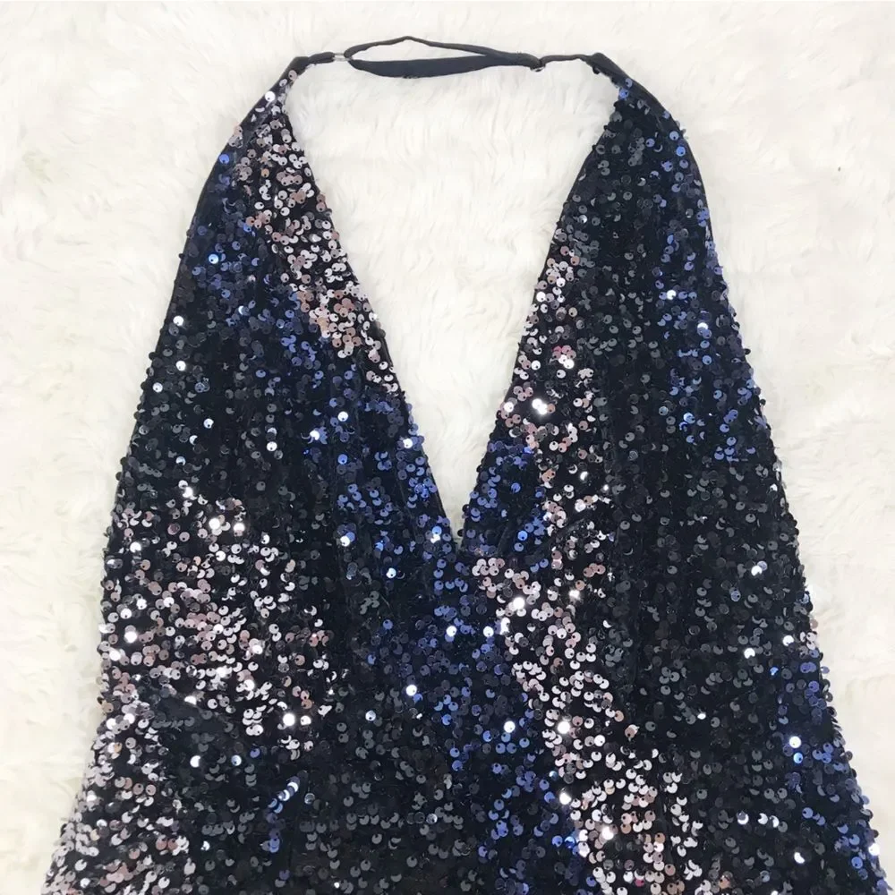 FREE PEOPLE Glitter‎ & Gold Sequin Velvet Midi Dress Blue Black Size Medium New - Picture 6 of 16